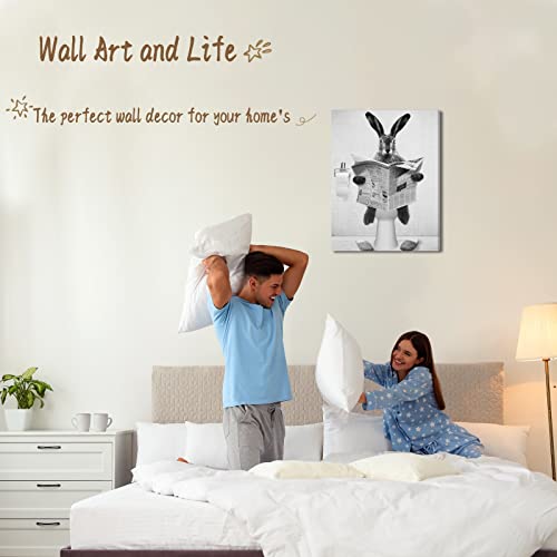 Hkdgoka Funny Rabbit Canvas Wall Art - Black And White Picture In Bathroom Wall Decor - Farmhouse Decor Painting Artwork Ready To Hang For Living Room,Bedroom,Home Decor 16"X20" #TOP3