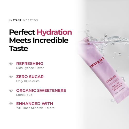 Image of Instant Hydration Sugar Free Electrolytes Powder Packets - Lychee Electrolyte Drink Mix & Travel Essentials - Post Workout Recovery, Brain Health, Muscle & Tissue Support - 20 Sticks