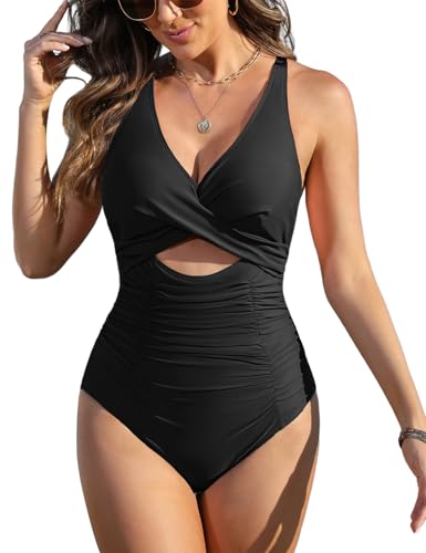 FemiChic Costume Intero Donna Contenitivo Costumi da Bagno Interi Curvy Taglie Forti Pancia Piatta Mare Piscina Modellante Push up Imbottito Un Pezzo(Nero,M)