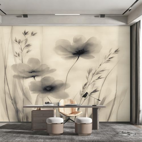 Générique Papier Peint Fleur Zen, Motif Papier Peint Intissé Panoramique Peinture a l'Encre Chinoise 200x140 Wallpaper Pour Salon Chambre Deco Murale W52