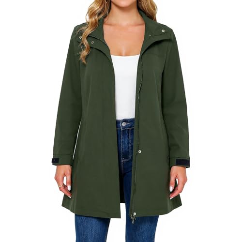 JWNYJFB Packable Rain Jacket for Women - Lightweight Army Green Windbreaker for Casual Hiking and Travel
