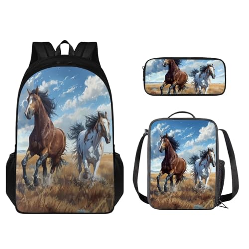 Set zaino per bambini 43.2 cm leggero con scatola per matite e borsa per il pranzo 3 pezzi Cavallo - Marrone e Blu Taglia unica Set di zaini per la scuola