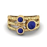 MOONEYE 0,70 Ctw-Runde Lapis Ring mit geteiltem Schaft, gehämmertes geteiltes Band, 925er-Sterlingsilber, Trio-Stein-Ring Gold Vermeil, 52