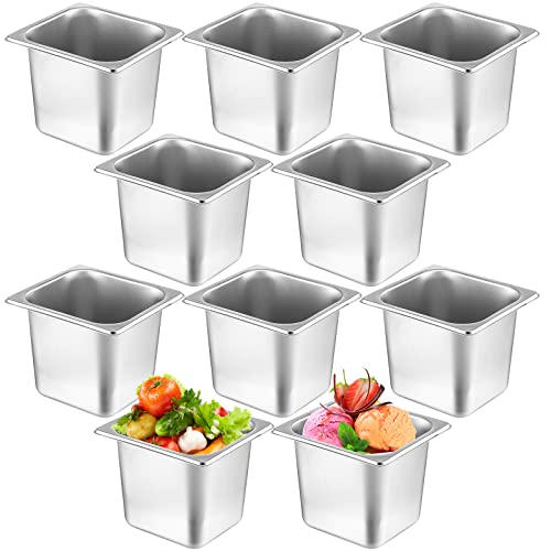 Image of Thenshop 10 Pack 1 /6 Size 6 Inch Deep Hotel Pans Stainless Steel Steam Table Food Pan Commercial Metal Food Catering Tray Anti Jam for Hotel Restaurant Buffet Party Supplies (Standard)