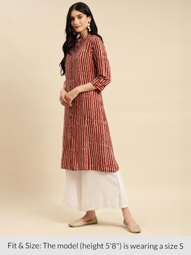 Image of rangita Women's Rayon Relaxed Fit Straight Calf Length Striped Front Slit Kurti | Kurta