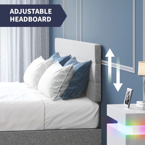 Zafly Platform California King Size Bed Frame With Linen Adjustable Headboard,Cal King Bed Frame With 2 Storage Drawers,Wooden Slats Support,No Box Spring Needed,Easy Assembly,Light Grey #TOP4