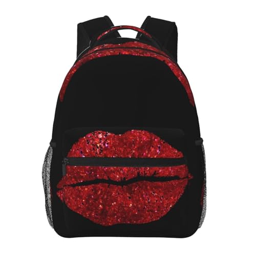 Red Glitter Lips Casual Backpack Travel Pack Bag Laptop Backpacks With Side Pockets Front Zipper Pockets Bookpack Daypack Picnic Rucksack Computer Bag