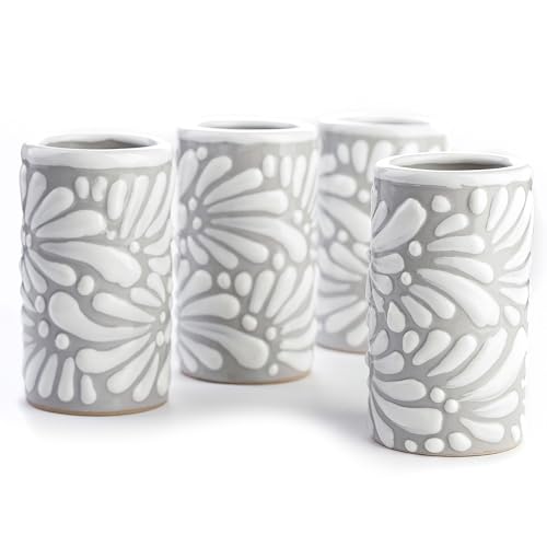 Image of Talavera Shot Glasses Set of 4 Authentic Mexican Tequila Shot Glasses - Hand-painted - 2 Oz (White Brushstroke Gray Background)