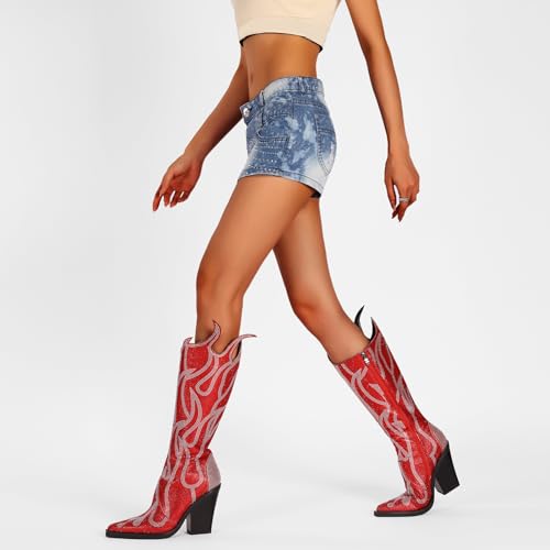 YIYA Women's Rhinestone Flame Pattern Knee High Boots Pointed Toe Chunky High Heel Fashion Side Zipper Sparkly Boots4