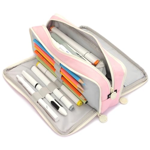 Vocuer Astuccio estetico speciale di grande capacità, organizer con 3 scomparti, grande astuccio per la scuola, per ragazze, donne, adulti, portapenne (rosa 2)