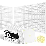Focusound White Acoustic Panels 50 Pack 2'x12'x12' with 300 PCS Double-Side Adhesive - Sound Proof Pyramid Foam for Walls, Home Studio Noise Absorption & Echo Control Kit