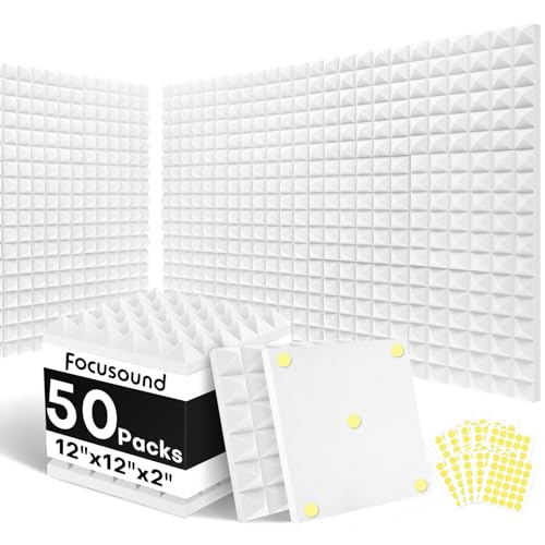 Focusound White Acoustic Panels 50 Pack 2"x12"x12" with 300 PCS Double-Side Adhesive - Sound Proof Pyramid Foam for Walls, Home Studio Noise Absorption & Echo Control Kit