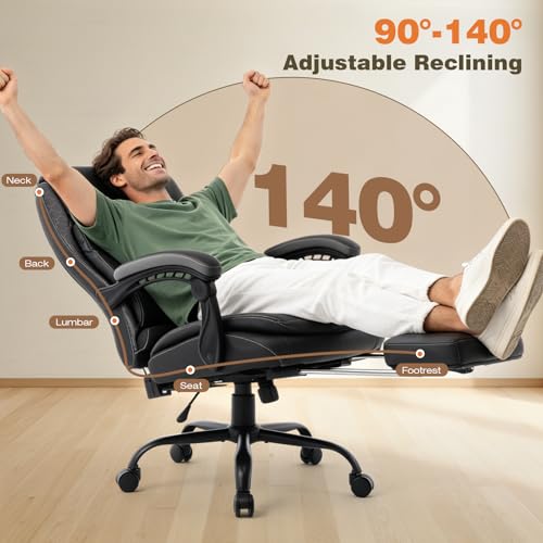 Image of Reclining Ergonomic Office Chair with Footrest, Big Tall Recliner Office Desk Chairs with Lumbar Support, 400lbs Heavy Duty High Back Leather Executive Computer Chair with Wheels, Back Grey