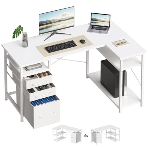 Maihail 47 Zoll Computertisch mit Schubladen, Schreibtische für Schlafzimmer, Schreibtisch mit Stauraum, Schreibtisch für kleinen Raum, Weiß