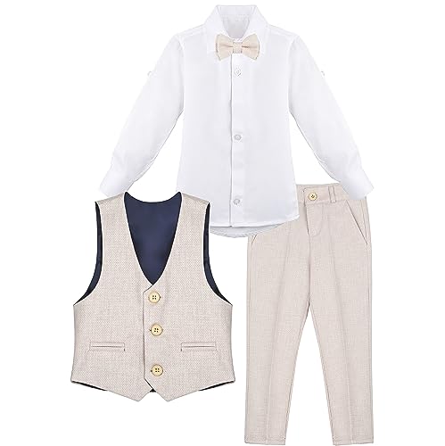 Lilax Boys Formal Suit 4 Piece Vest, Pants And Tie Dresswear Suit Set (8 Years, Beige) #TOP3