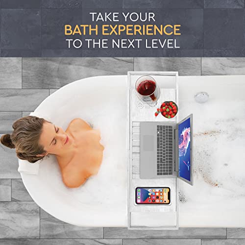 Premium Bamboo Bathtub Tray Caddy - Expandable Wooden Bathroom Tray - Adjustable Bathroom Tray For Tub - Luxury Bath Caddy Tub Table - Gift Idea For Loved Ones (White) #TOP1