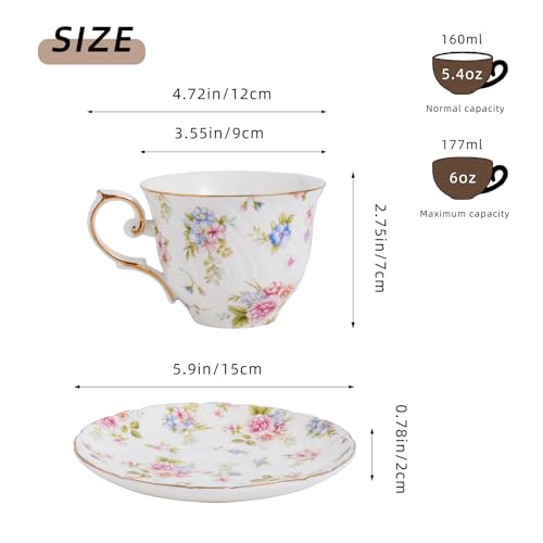 Agyiuns tea cups and saucers ceramic coffee mug 6oz for Coffee, Latte, Cafe Mocha and Tea-Set of 4, white with flowers - Thumbnail 2
