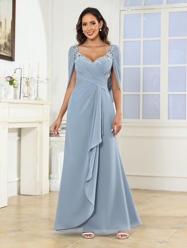 Lace Mother of The Bride Dresses with Cape Sleeves Chiffon Pleated Long Formal Evening Gown4