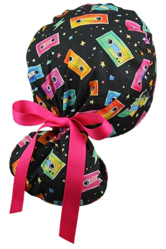 Image of Scrub Cap for Women and Men, Ponytail Scrub Caps, Working Hat, Head Cover with Ribbon Ties and Buttons, Long Hair