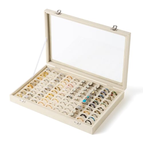 Frebeauty Ring Organizer Tray 100 Slots Ring Holder with Clear Lid Velvet Storage Box Jewelry Tray for Jewelry Store Earring Display Case for Jewelry Show Studs Box for Women(Beige)