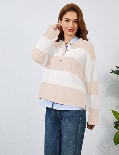 Image of Womens Striped Sweater Rugby Polo Shirts Y2k Collar Pullover Tops | Rugby Shirt,Long Sleeve Knit Top,Lapel V Neck Jumper,Oversized,Casual Outings Streetwear,Preppy Sweater,Fall Winter Clothes