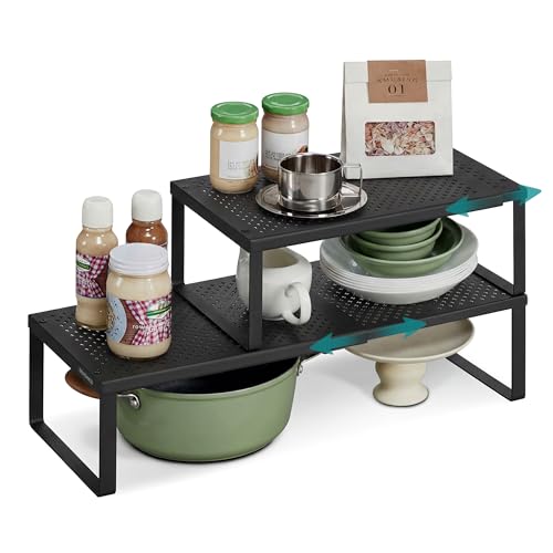 SONGMICS Spice Racks, Set of 2 Expandable Kitchen Countertop Shelves, Small Cupboard Organizers, Metal, Space-Saving Tabletop Shelves, Matte Black UKC