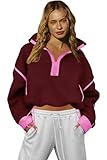LAMISSCHE Half Zip Sweatshirt Women Oversized Sherpa Jacket V Neck Fleece Pullover Hoodie with Pockets(Burgundy,S)
