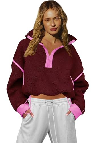 LAMISSCHE Half Zip Sweatshirt Women Oversized Sherpa Jacket V Nec...