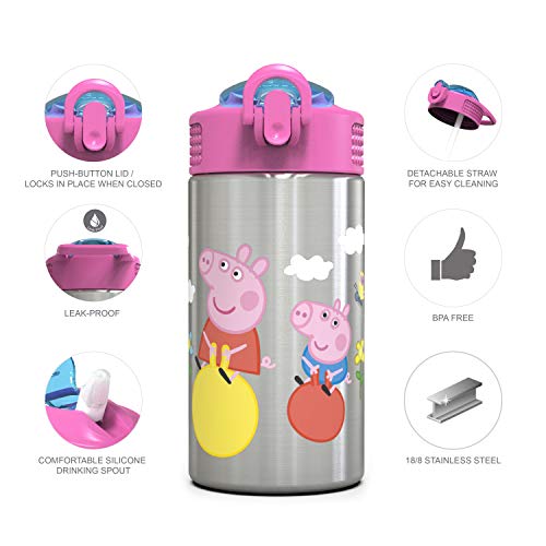 Zak Designs Peppa Pig 15.5Oz Stainless Steel Kids Water Bottle With Flip-Up Straw Spout - Bpa Free Durable Design, Peppa Pig Ss, Single Wall #TOP3