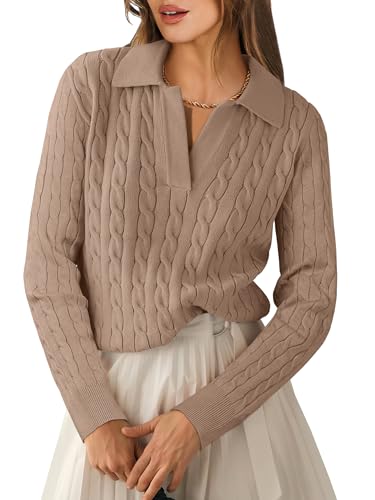 ANRABESS Womens Cable Knit Sweaters Long Sleeve Polo Fall Outfits Khaki L