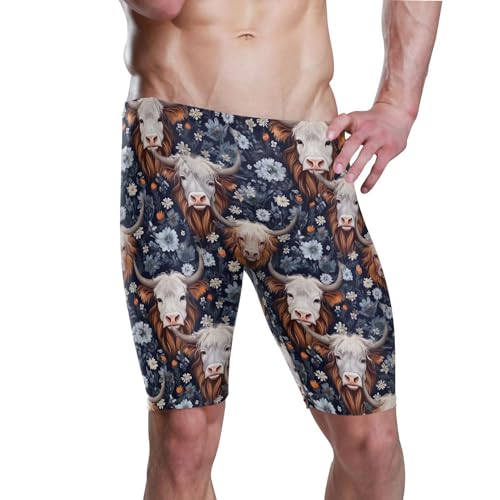 Highland Cow Flowers Animal Swim Jammers for Men Athletic Durable S B0403269