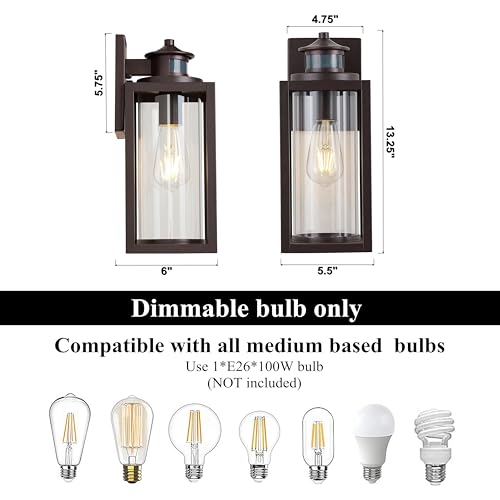 Image of MICSIU 13 Inch Oil Rubbed Bronze Motion Sensor Outdoor Wall Light 1 Pack | Waterproof Dusk to Dawn Exterior Light Fixture with Clear Glass, Outside Light Fixture for Front Porch, Garage, Walkway