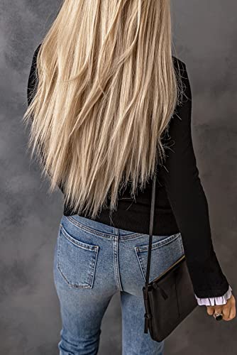 Malka Belle Women's Solid Ruffled Crew Neck Pullover Knitted Sweater (As1, Alpha, M, Regular, Regular) Black #TOP2