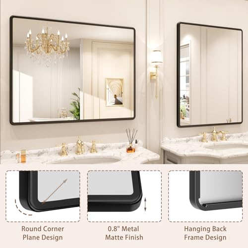 New Upgrade Bathroom Mirror, 24X36 Inch Black Metal Frame Wall Mounted Rounded Rectangle Bathroom Vanity Mirror with Tempered Glass for Washroom Bedroom Living Room