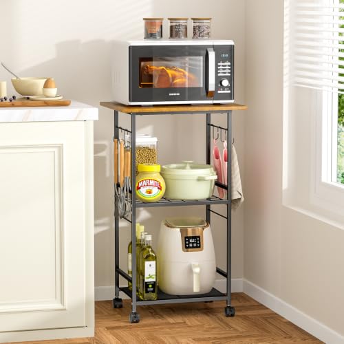 ThreeHio Rolling Kitchen Microwave Cart 3 Tier Microwave Table Stand with Adjustable Shelf Kitchen Storage Rack on Wheels Coffee Station Cart Rack Shelf Organizer for Living Room Office Balcony