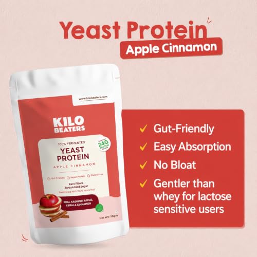 Image of Kilobeaters Fermented Yeast Protein Powder | Apple Cinnamon Flavour | 24g Protein Per Serving | Vegan Plant Protein | Gut Friendly | Gluten Free | Zero Added Sugar | Zero Fillers | 50g (Pack of 4)