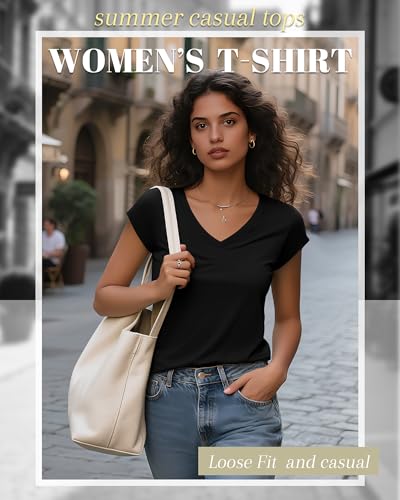 4 Pack Women's V Neck T Shirts, Cap Sleeve Tops Casual Summer Tshirts Solid Color Basic Tees2
