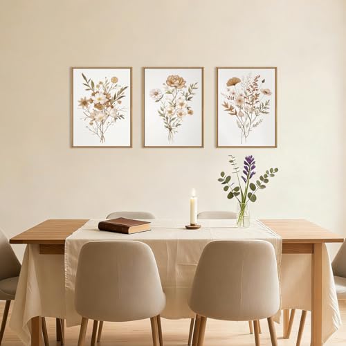 Image of KAIRNE Neutral Boho Floral Framed Canvas Wall Art Set, Vintage Botanical Flower Wall Decor, Minimalist Wildflower Art Prints, Modern Beige Artwork for Living Room, Bedroom, Farmhouse, Office-12 inchx16 inchx3