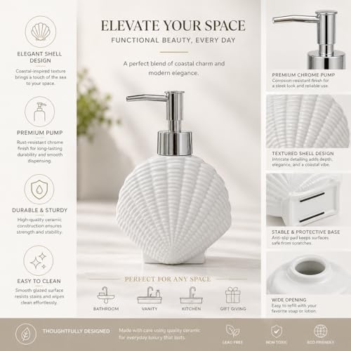 Image of Whizzo Ceramic Shell Shaped Liquid Soap Dispenser with Chrome Pump | Elegant Bathroom & Kitchen Accessory | White Glossy Finish | Refillable Handwash Lotion Bottle (420ML, LD-212, Design2)