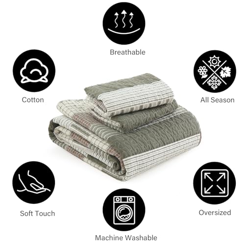 Image of PANGUSHAN 100% Cotton Quilt Set Queen Size, Patchwork Queen Quilt Bedding Set Bedspreads, Farmhouse Lightweight Comforter Reversible Quilt, Queen Bed Spread for All Season, Green /Brown /Cream