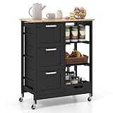 FANTASK Servierwagen mit Rollen, Küchenwagen mit Tablett, Regalen und 3 großen Schubladen, Beistellwagen Rollwagen aus Kautschukholz, 67 x 37 x 83,5 cm (Schwarz)