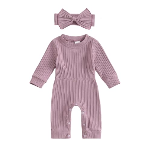 Image of Winioder Newborn Baby Girl Fall Clothes Ribbed Long Sleeve Romper Jumpsuit with Headband Infant 2Pcs Coming Home Outfit