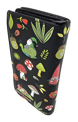 Shag Wear Gnome Forest Large Wallet for Women and Teen Girls Multiple Gnomes Mushrooms Plants Vegan Faux Leather Black 7"2