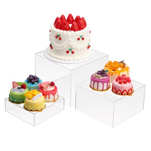 Clisela 3er-Set Acryl-Würfel-Präsentationsständer mit hohlem Boden, ideal für Buffets, als dekoratives Regal für Desserts, Sammlerstücke, Schmuck und Figuren – Transparent, 15, 18, 20 cm