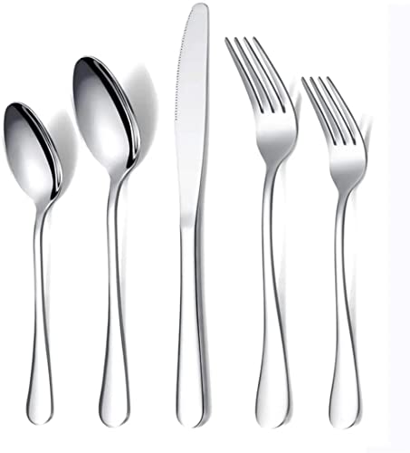 Image of aDai Combo Set of 40 Premium Silver Cutlery - Stainless Steel Luxury Dinnerware Tableware - Round Edge Serving Spoon Fork Knife - Reusable Mirror Finish for Home Kitchen Dining Table and Gift