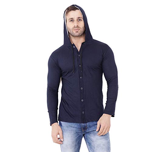 Image of Geum Men's Full Sleeve Hooded T-Shirt with Button-Down Front | Casual Slim Fit Cotton Shirt-Style Tee