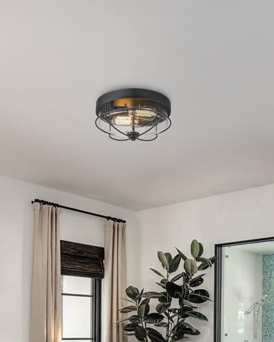 Hwh Investment 5HTJ7-F BK Flush Mount Ceiling Light Fixtures, 12 Inch 2-Light Farmhouse Close To Ceiling Light Fixture With Seeded Glass Shade thumb #4