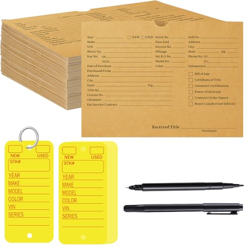 Tenceur 100 Pcs Vehicle Dealer Jackets 9 x 12 Inches Printed Vehicle Deal Envelopes 100 Pcs Car Key Tags with Rings 2 Pens for Office Car Subscribe Order Dealership Operations Accessory(Yellow)