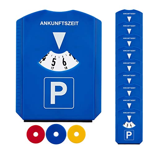 Relaxdays 20 x Parkscheibe im Set, Eiskratzer, 3 Einkaufswagenchips, Gummilippe, Parkuhr Auto, StVO, Kunststoff, Parkkarte, blau