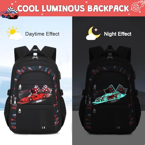 Image of ACESAK Boys Backpack - 3PCS Cool Luminous Backpack for Boys School Backpacks for Kids Kindergarten Elementary Preschool Middle School Bags with Lunch Box Pencil Case Set (Racing Car)